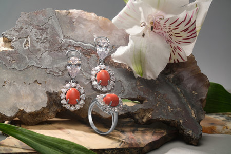 Elegant jewelry set. Jewelery set with gemstones. jewelry accessories collage. product still life concept. Ring, necklace and earrings.の写真素材