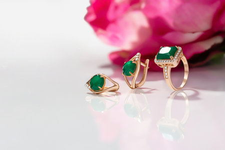 Elegant jewelry set. Jewelery set with gemstones. jewelry accessories collage. product still life concept. Ring, necklace and earrings.の写真素材