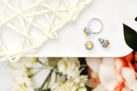 Elegant jewelry set. Jewelery set with gemstones. jewelry accessories collage. product still life concept. Ring, necklace and earrings.の写真素材