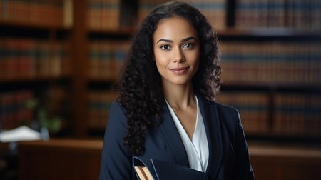 Portrait of a young Indian female lawyer smiling and happy at her workplace in the office. Indian lawyer, technologist and professional face, female lawyer and legal consultant in a law firm.の素材
