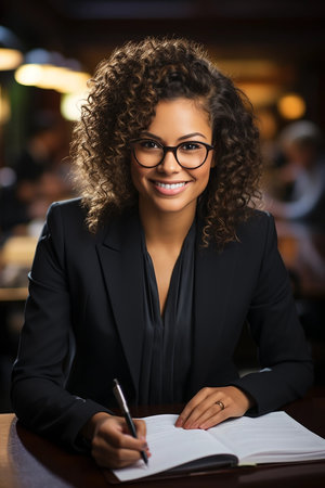 Portrait of a young black female lawyer smiling and happy at her workplace in the office. African lawyer, technologist and professional face, female lawyer and legal consultant in a law firm.の素材