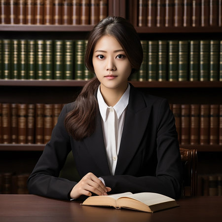 Portrait of a young Asian female lawyer smiling and happy at her workplace in the office. Chinese lawyer, technologist and professional face, female lawyer and legal consultant in a law firm.の素材