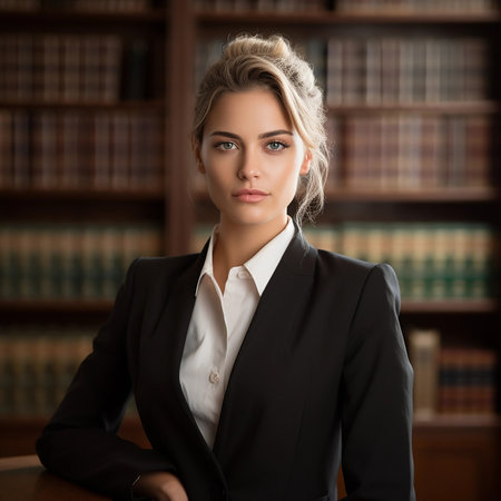 Portrait of a young female lawyer smiling and happy at her workplace in the office. Lawyer technologist and professional face, female lawyer and legal consultant in a law firm.の素材