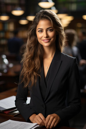 Portrait of a young female lawyer smiling and happy at her workplace in the office. Lawyer technologist and professional face, female lawyer and legal consultant in a law firm.の素材