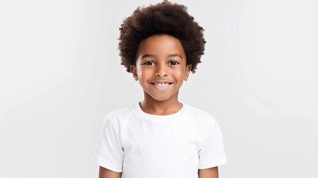 portrait of a cute smiling African American boy wearing a shirt. on a white backgroundの素材