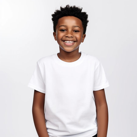 portrait of a cute smiling African American boy wearing a shirt. on a white backgroundの素材