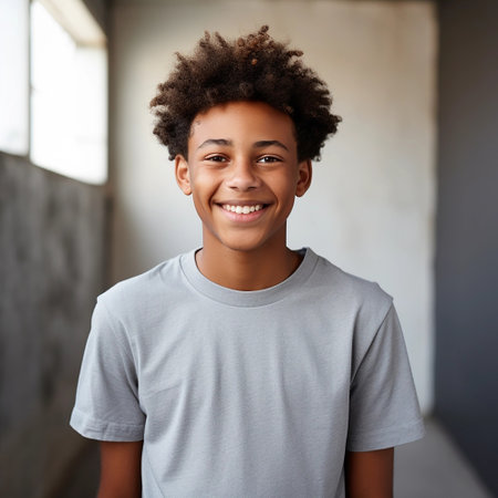 portrait of a cute smiling African American boy wearing a shirt. on a white backgroundの素材