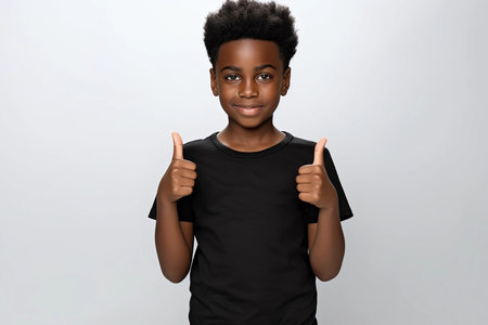 portrait of a cute smiling African American boy wearing a shirt. on a white backgroundの素材