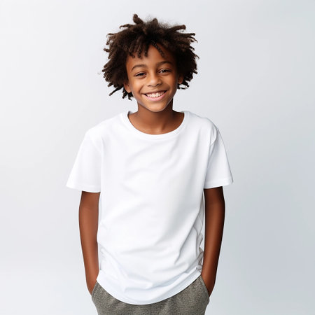portrait of a cute smiling African American boy wearing a shirt. on a white backgroundの素材