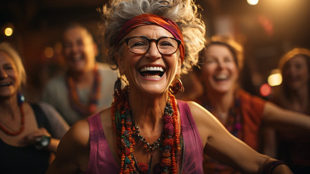 Adult women of different skin colors dance in an aerobic class. Old women enjoying dancing. Africans, Europeans and Asians. Healthy and active lifestyleの素材