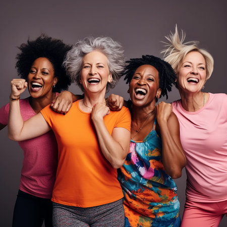 Adult women of different skin colors dance in an aerobic class. Old women enjoying dancing. Africans, Europeans and Asians. Healthy and active lifestyleの素材