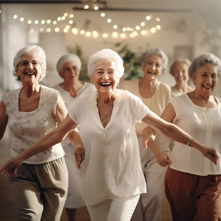 Adult women of different skin colors dance in an aerobic class. Old women enjoying dancing. Africans, Europeans and Asians. Healthy and active lifestyleの素材