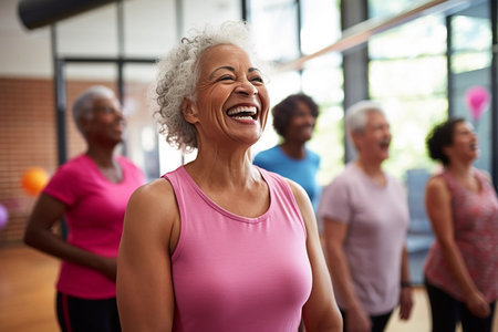 Adult women of different skin colors dance in an aerobic class. Old women enjoying dancing. Africans, Europeans and Asians. Healthy and active lifestyleの素材