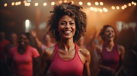 Adult women of different skin colors dance in an aerobic class. Old women enjoying dancing. Africans, Europeans and Asians. Healthy and active lifestyleの素材