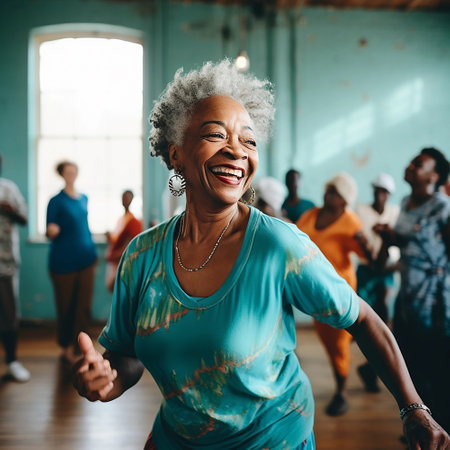 Adult women of different skin colors dance in an aerobic class. Old women enjoying dancing. Africans, Europeans and Asians. Healthy and active lifestyleの素材
