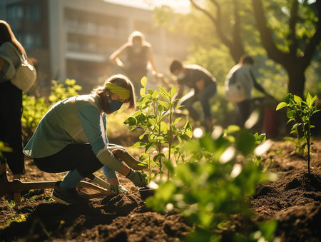 Businessmen planting plants. Young volunteer people plant trees in the fresh air, dig the ground and talk cheerfully. A group of determined people plant young seedlings on the plotの素材