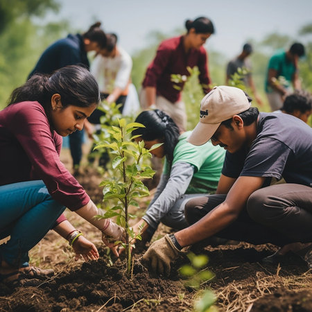 Businessmen planting plants. Young volunteer people plant trees in the fresh air, dig the ground and talk cheerfully. A group of determined people plant young seedlings on the plotの素材