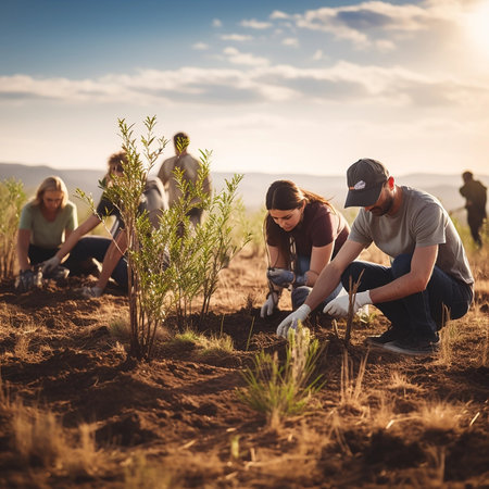 Businessmen planting plants. Young volunteer people plant trees in the fresh air, dig the ground and talk cheerfully. A group of determined people plant young seedlings on the plotの素材