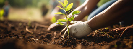 People plant plants. Plants and hands close-up. Young volunteer people plant trees in the fresh air, dig the ground and talk cheerfully.の素材