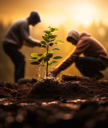 Businessmen planting plants. Young volunteer people plant trees in the fresh air, dig the ground and talk cheerfully. A group of determined people plant young seedlings on the plotの素材