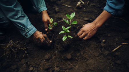 People plant plants. Plants and hands close-up. Young volunteer people plant trees in the fresh air, dig the ground and talk cheerfully.の素材