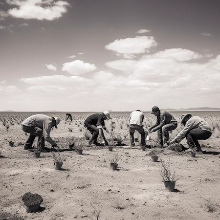 Businessmen planting plants. Young volunteer people plant trees in the fresh air, dig the ground and talk cheerfully. A group of determined people plant young seedlings on the plotの素材