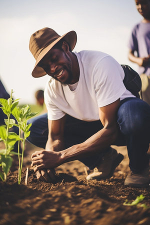Businessmen planting plants. Young volunteer people plant trees in the fresh air, dig the ground and talk cheerfully. A group of determined people plant young seedlings on the plotの素材