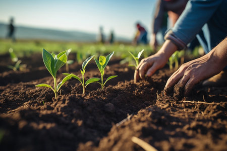 People plant plants. Plants and hands close-up. Young volunteer people plant trees in the fresh air, dig the ground and talk cheerfully.の素材