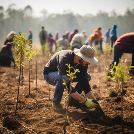Businessmen planting plants. Young volunteer people plant trees in the fresh air, dig the ground and talk cheerfully. A group of determined people plant young seedlings on the plotの素材