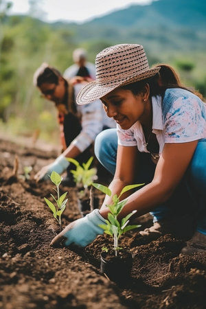 Indians plant plants. Young volunteer people plant trees in the fresh air, dig the ground and talk cheerfully. A group of determined people plant young seedlings on the plotの素材