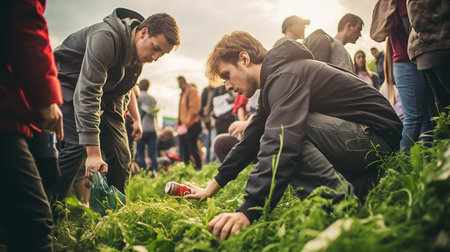 Businessmen planting plants. Young volunteer people plant trees in the fresh air, dig the ground and talk cheerfully. A group of determined people plant young seedlings on the plotの素材