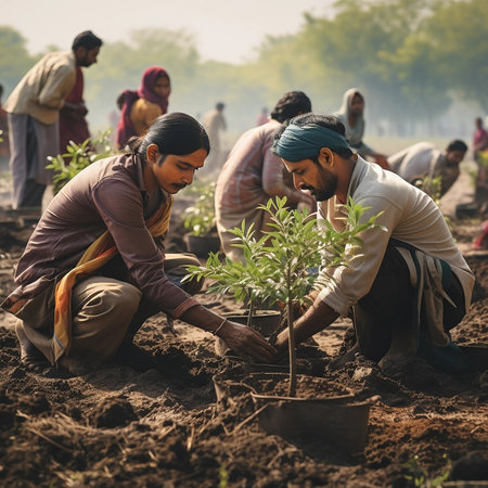 Indian plant plants. Young volunteer people plant trees in the fresh air, dig the ground and talk cheerfully. A group of determined people plant young seedlings on the plotの素材