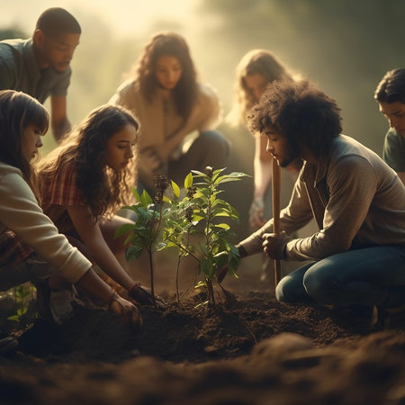 Businessmen planting plants. Young volunteer people plant trees in the fresh air, dig the ground and talk cheerfully. A group of determined people plant young seedlings on the plotの素材