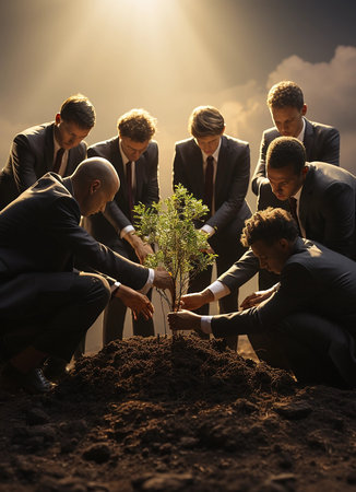 Businessmen planting plants. Young volunteer people plant trees in the fresh air, dig the ground and talk cheerfully. A group of determined people plant young seedlings on the plotの素材
