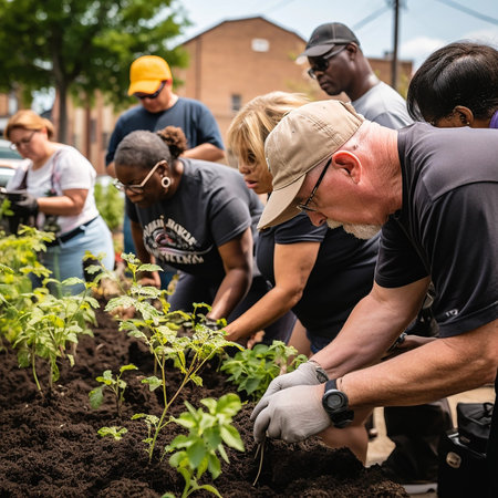 Businessmen planting plants. Young volunteer people plant trees in the fresh air, dig the ground and talk cheerfully. A group of determined people plant young seedlings on the plotの素材