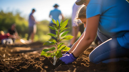 People plant plants. Plants and hands close-up. Young volunteer people plant trees in the fresh air, dig the ground and talk cheerfully.の素材