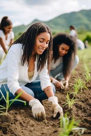 Businessmen planting plants. Young volunteer people plant trees in the fresh air, dig the ground and talk cheerfully. A group of determined people plant young seedlings on the plotの素材