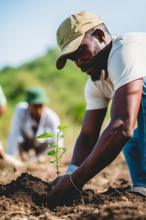 Businessmen planting plants. Young volunteer people plant trees in the fresh air, dig the ground and talk cheerfully. A group of determined people plant young seedlings on the plotの素材
