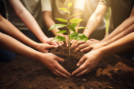 People plant plants. Plants and hands close-up. Young volunteer people plant trees in the fresh air, dig the ground and talk cheerfully.の素材