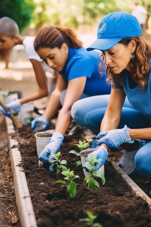 Businessmen planting plants. Young volunteer people plant trees in the fresh air, dig the ground and talk cheerfully. A group of determined people plant young seedlings on the plotの素材