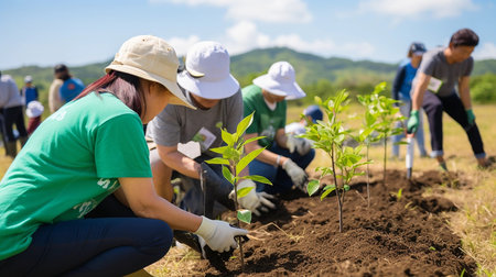 Businessmen planting plants. Young volunteer people plant trees in the fresh air, dig the ground and talk cheerfully. A group of determined people plant young seedlings on the plotの素材