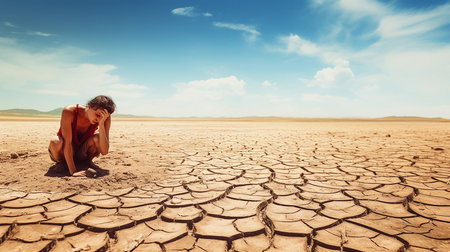 A man in the desert is looking for water. Water scarcity. Desert and cracked earth. Impacts of climate change, including desertification and drought.の素材