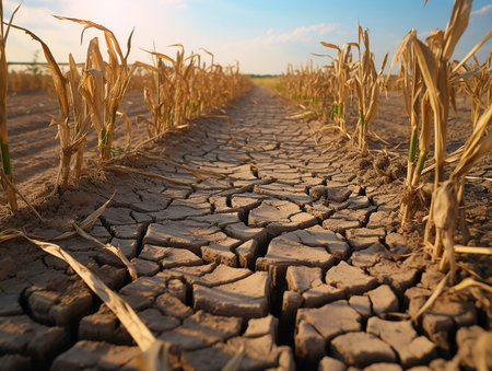 Desert dry land, cloudy blue sky over dried out, cracked nature. Concept of water shortage, environmental problem, climate change. Population exodus due to famineの素材