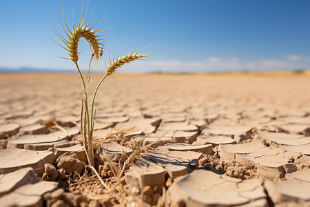 Desert dry land, cloudy blue sky over dried out, cracked nature. Concept of water shortage, environmental problem, climate change. Population exodus due to famineの素材