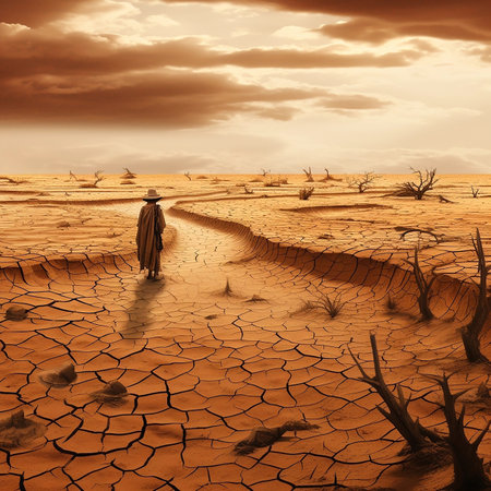 A man in the desert is looking for water. Water scarcity. Desert and cracked earth. Impacts of climate change, including desertification and drought.の素材