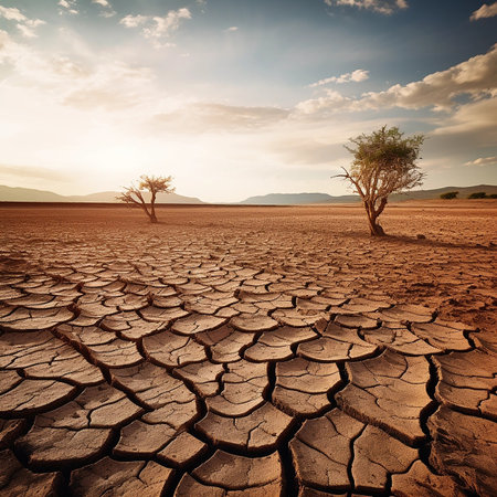 Dry cracked desert. The global shortage of water on the planet. Global warming and greenhouse effect concept.の素材
