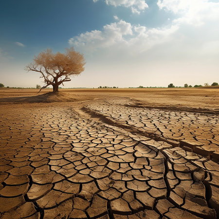 Desert dry land, cloudy blue sky over dried out, cracked nature. Concept of water shortage, environmental problem, climate change. Population exodus due to famineの素材