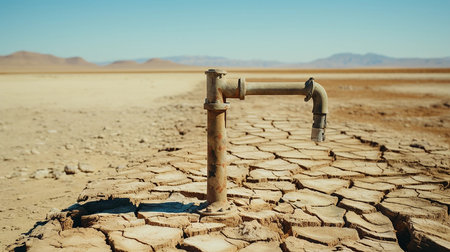 Dry cracked desert with old water pipe. Water scarcity concept.の素材