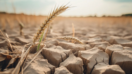 Desert dry land, cloudy blue sky over dried out, cracked nature. Concept of water shortage, environmental problem, climate change. Population exodus due to famineの素材