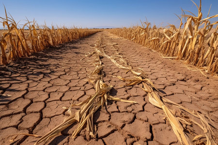 Desert dry land, cloudy blue sky over dried out, cracked nature. Concept of water shortage, environmental problem, climate change. Population exodus due to famineの素材